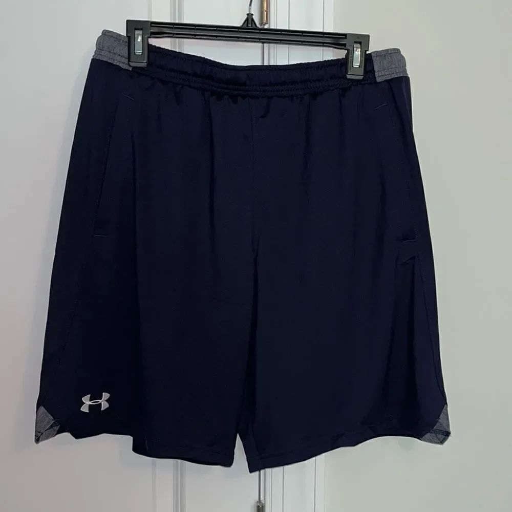 Blue Gray w/pockets mens Under Armour Yoga running marathon gym workout shorts L